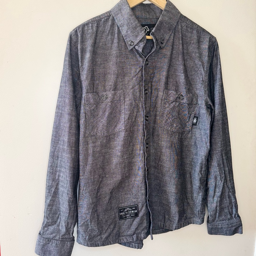 SAGA Outerwear Men’s Gray Cotton Chambray Button Up Long Sleeve Shirt Large REI